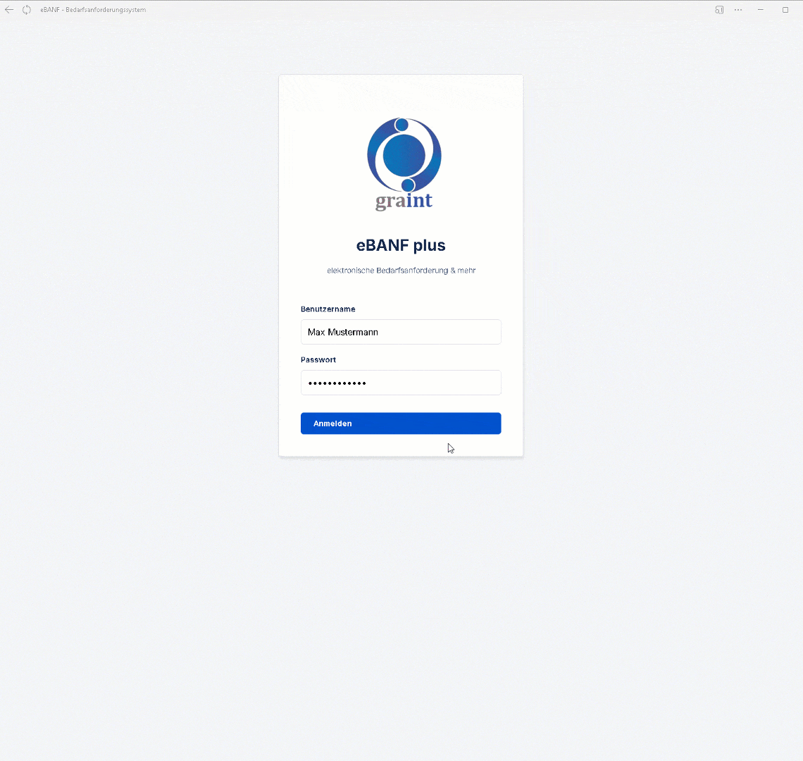 Screenshot der eBANF-Anwendung